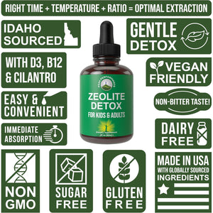 Zeolite Detox for Kids & Adults with Cilantro - Volcanic Mineral from Idaho USA - Zeolite Clinoptilolite Liquid Drops Gentle Cleanse Supplement with Vitamins B12 & D - Support Focus, Energy, Speech