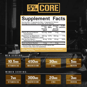 5% Nutrition Core ZMA (With Boron) | Promotes Recovery by Restoring Levels of Zinc, Magnesium & Vitamin B-6 (90 Capsules)