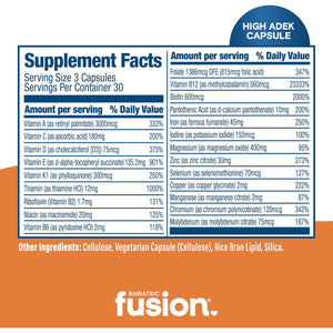 Bariatric Fusion High ADEK Multivitamin with Iron | Bariatric Multivitamin for Duodenal Switch | Easy to Swallow ADEK Vitamins Bariatric | 90 Capsules | One Month Supply