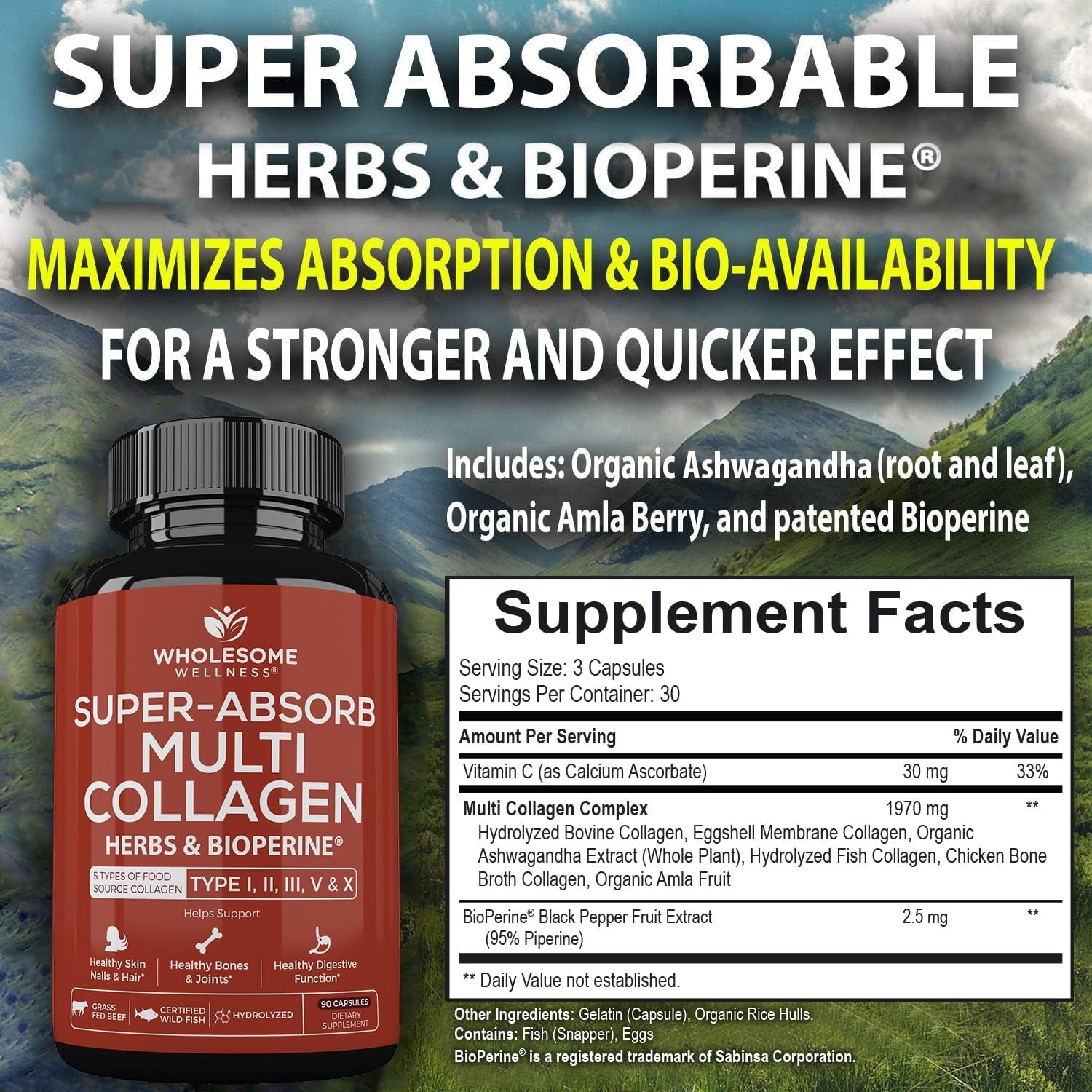 Wholesome Wellness Super-Absorb Multi Collagen Pills (Type I II III V X) Organic Herbs & Bioperine - Hair, Skin, Nails - Hydrolyzed Peptides Protein Supplement for Women & Men (90 Capsules)