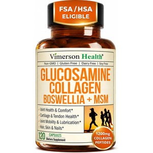 Glucosamine Chondroitin with 1200Mg Hydrolyzed Collagen Peptides, Boswellia Extract, Quercetin, Bromelain, MSM – Hair Skin Nails and Joint Supplement for Women & Men – FSA Eligible 120 Capsules