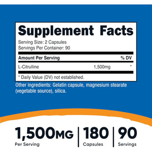 Nutricost L-Citrulline 1500Mg, 180 Capsules - 750Mg per Capsule, Gluten Free, Non-Gmo, Packaging May Vary
