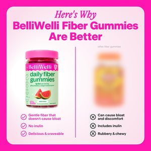 Belli Welli Fiber 4-In-1 Fiber Gummies Supplement with Added Probiotics, Collagen and Electrolytes for Regularity and Bloat Relief, Watermelon, 120 Count