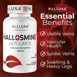 Hallosmine Advance 1000Mg Diosmin Capsules – Max Strength Circulation & Vein Support Supplement, Vascular Health, Visible Veins, Spider Veins, Blood Flow, Swelling & Heavy Legs, 60 Count