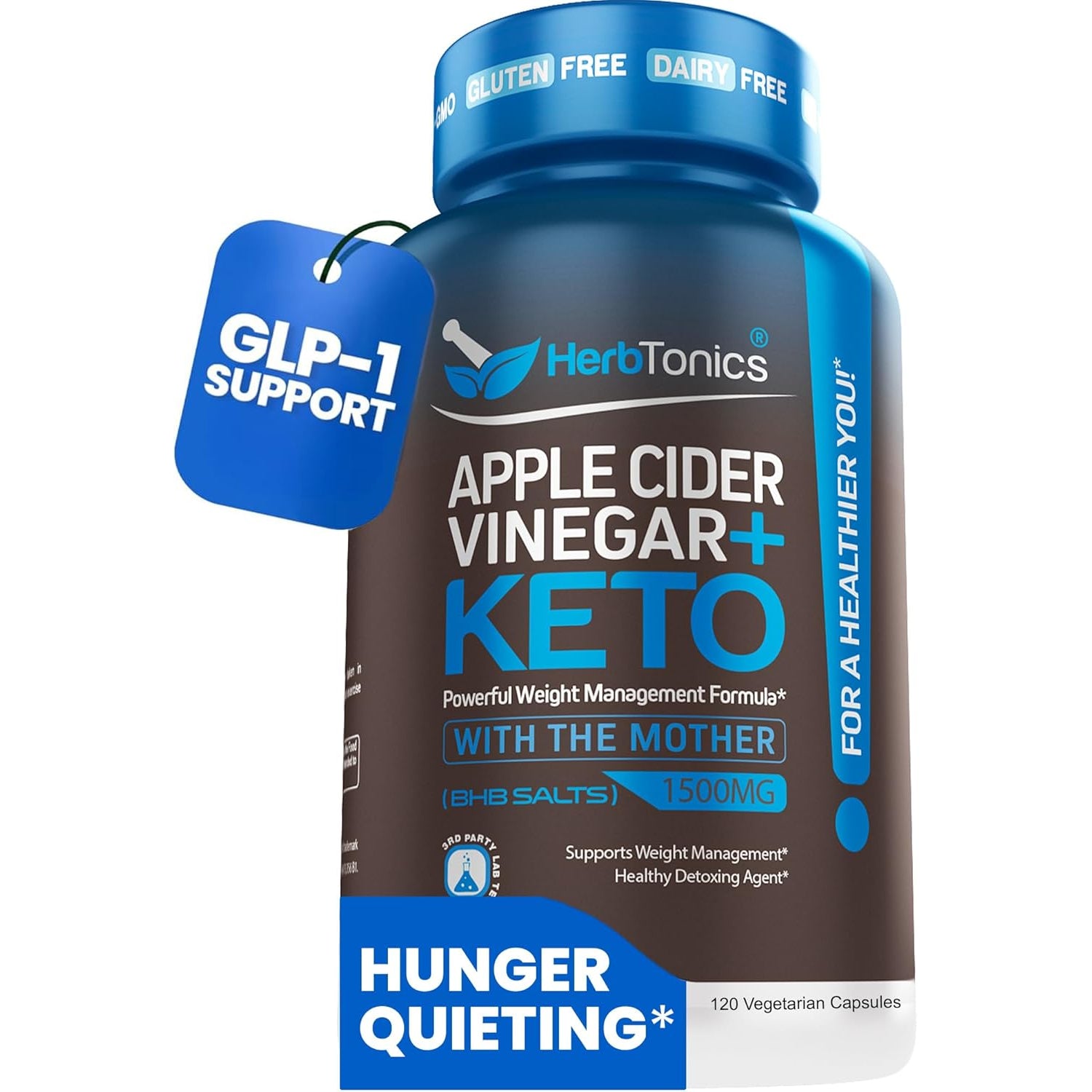 Herbtonics Apple Cider Vinegar + Keto BHB Capsules | GLP-1 Support for Appetite, Cravings & Weight Management | Metabolism Support with Satiety Support | 120 Capsules - 2 Month Supply