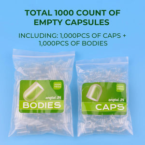 Empty Capsules Size 00 Separated Vegan Pill Caps Plant Based Clear (1,000 Caps+1,000 Bodies) Gluten Free, Non-Gmo, Halal Certified Filling Kit for Vegetarian DIY Your Own Supplements