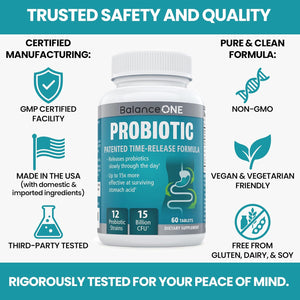 Balance ONE Time Release Probiotic – 15 Billion CFU – 12 Strains Including L. Plantarum – 15X More Survival than Capsules – Bloating & Gas Relief – Gut & Digestive Health for Women & Men – 60 Tablets