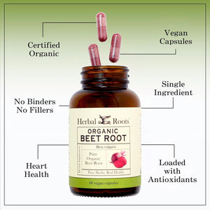 Herbal Roots Organic Beet Root Powder Capsules - 1,500Mg per Serving - Certified USDA Organic - Non-Gmo - 60 Count Vegan Capsules