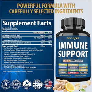 Strongvit Immune Support Supplement 12 in 1 Complex with Vitamin C, D3, Zinc, Echinacea, Elderberry, Ginger, Turmeric. Immune Defend for Men & Women, Non-Gmo, Gluten-Free, Vegan, USA