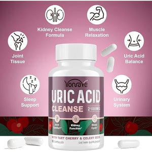Yonrave Uric Acid Cleanse & Detox - Tart Cherry Capsules, Celery Seed Uric Acid Supplement – Kidney, Joint and Sleep – 90 Veggie Capsules(1 Bottle)