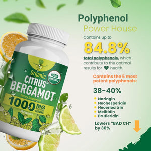 Organic Citrus Bergamot Supplement - Only USDA, Cardiologist Formulated with 200+ Scientific Studies -1000Mg - Patented Extract, Heart, Cholesterol, & Lipid - Italian Bergamot High Polyphenols 60Caps