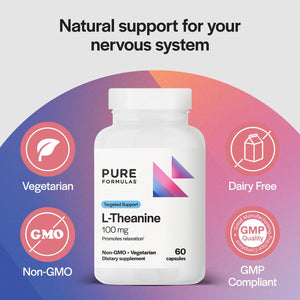 Pureformulas L Theanine Supplement 100 Mg, L-Theanine Supports Stress Levels, Relaxed State, Mood, Sleep, Dairy Free, Soy Free, Non-Gmo 60 Vegetarian Capsules