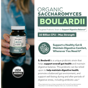 Organic Saccharomyces Boulardii - 10 Billion CFU - Clinically Validated CNCM I-1079 Probiotic Strain - Gut, Digestion & Healthy Bowel Support - First Organic Form of S. Boulardii Probiotic - 60 Count