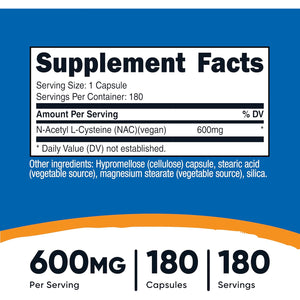 Nutricost N-Acetyl L-Cysteine (NAC) 600Mg, 180 Capsules - Non-Gmo, Gluten Free