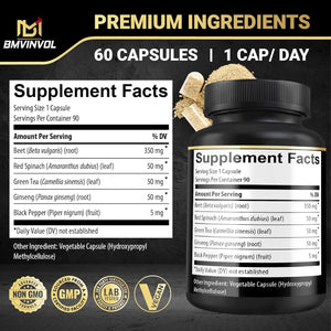 Beet Root Capsules - Green Tea, Red Spinach, Ginseng, Black Pepper - 90 Count - Supports Digestive, Immune System, Energy Levels - 3 Month Supply