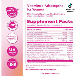 Pink Stork Cortisol Supplements for Women - Adaptogenic Adrenal Support & Stress Manager with Organic Ashwagandha, Omega 3, Saffron, Multivitamins - Mood & Hormone Balance - 60 Count