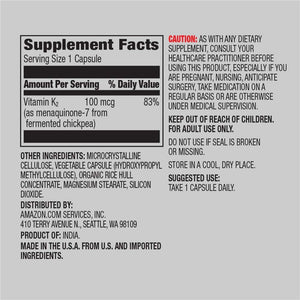 Amazon Elements Vitamin K₂, 100 Mcg, Vegan, Made from Chickpea, 65 Capsules