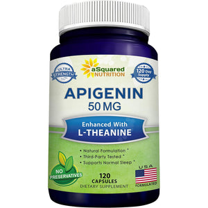 Asquared Nutrition Apigenin 50Mg & L-Theanine 200Mg - 120 Capsules - Apigenin Supplement Pills for Sleep and Relaxation - Natural Bioflavonoid Extract Found in Chamomile Tea