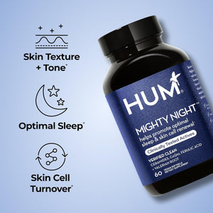 HUM Mighty Night Nighttime Sleep Supplement for Skin Care, Coq10, Valerian Root & Ferulic Acid to Support Cell Turnover, Skin Vitamins for Women and Men, Overnight Beauty Vitamins, 60 Vegan Softgels