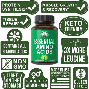 All 9 Essential Amino Acids Supplement. Capsules with 3X More Leucine for Muscle Recovery, Growth. EAA Supplement Better than BCAA / BCAAS Branched Chain Aminos Acid. USA Tested Eaas for Men + Women