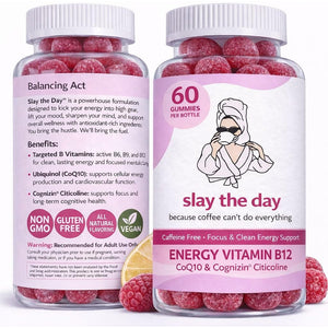 Balancing Act – Slay the Day Energy Gummies – Caffeine Free Focus & Clean Energy Support – with Vitamin B12, Coq10 & Cognizin® Citicoline – Raspberry Lemonade – 60 Count (30 Day Supply)