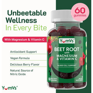 Yumvs Beet Root Gummies with Magnesium & Vitamin C – Berry Flavor Beetroot Gummies – Nitric Oxide Support for Heart Health & Antioxidant Wellness – Vegan, Non-Gmo – 60 Gummies