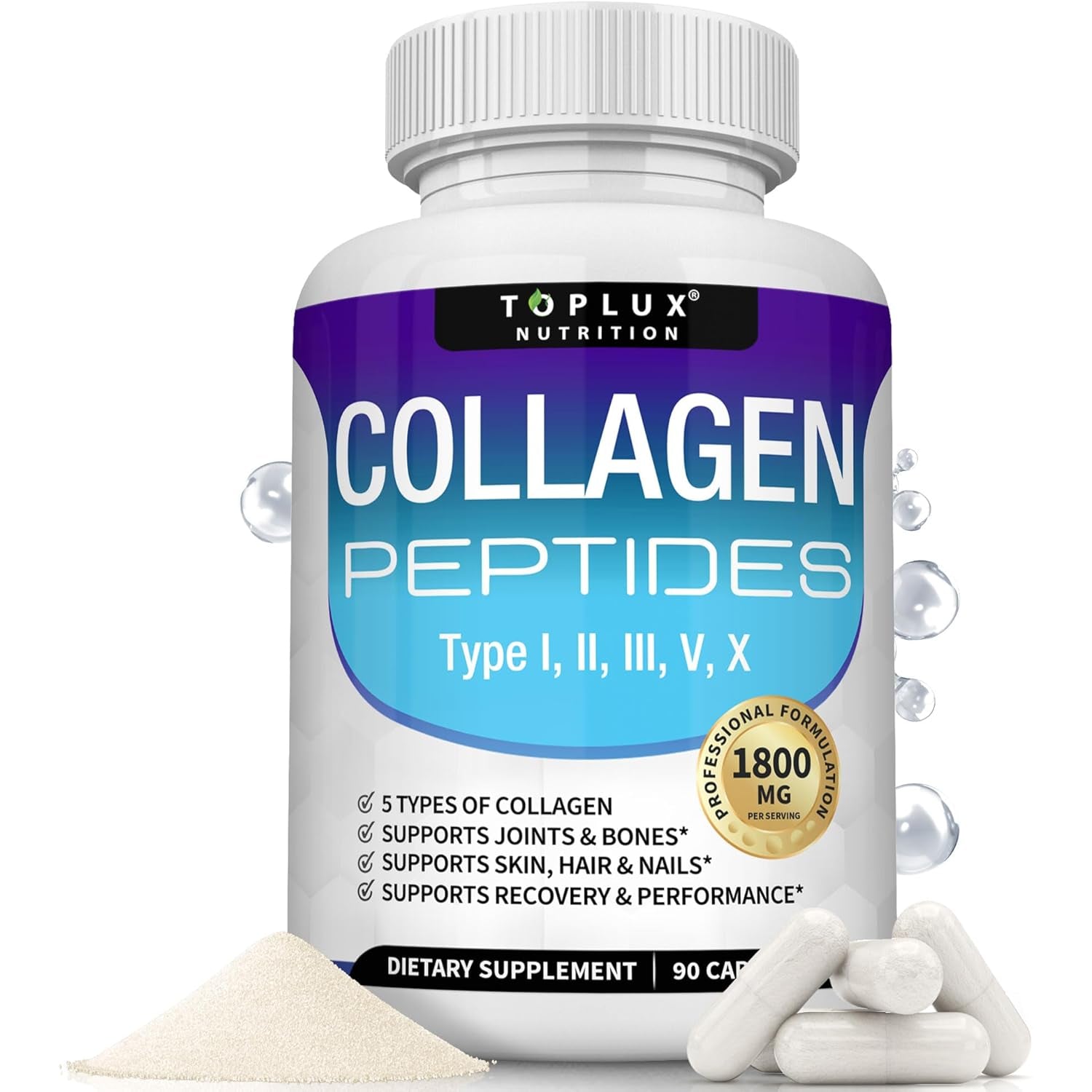 Toplux Multi Collagen Peptides Pills 1800 Mg Complex - Type I, II, III, V, X Premium Collagen Complex for Better Skin & Hair, Strong Joint, Hydrolyzed Protein, for Men Women, 90 Capsules, Supplement