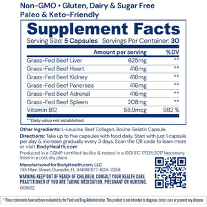 Bodyhealth Organ+ Grass-Fed Glandular Organ Complex, Grassfed Beef Organ Supplement, Dessicated Beef Liver, Heart, Kidney, Pancreas, Spleen, Non GMO, Adrenal, Supplement, (150 Capsules)