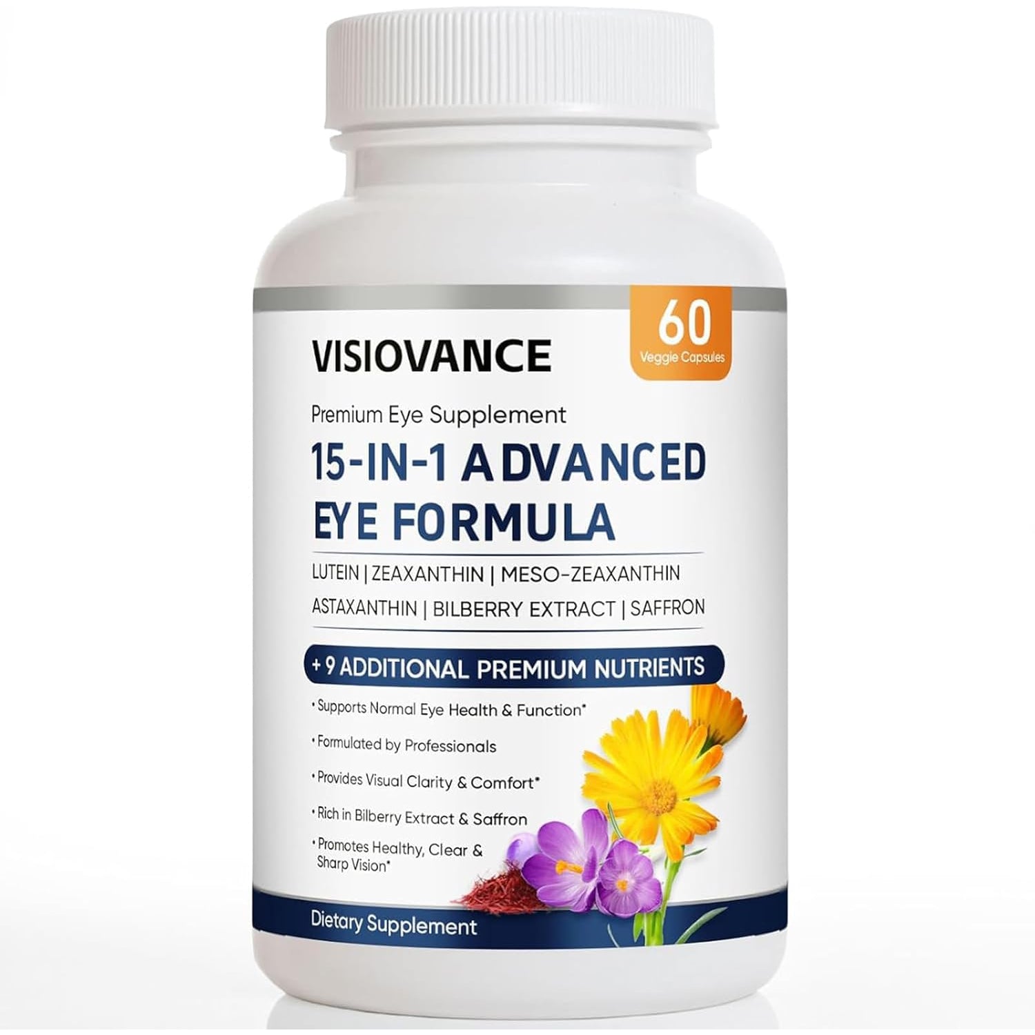 Visiovance 15 in 1 Advanced Eye Formula, Eye Vitamin and Mineral Supplement with Lutein, Zinc, Luteolin, Zeaxanthin & Bilberry Extract, 60 Count (1)