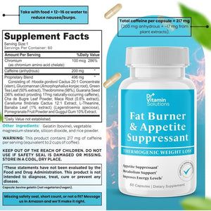 Fat Burner for Women & Men - Appetite Suppressant for Weight Loss - Pills W/Metabolism Booster Thermogenic Weight Loss Supplement - Includes Chromium & Green Tea Extract - 60 Capsules