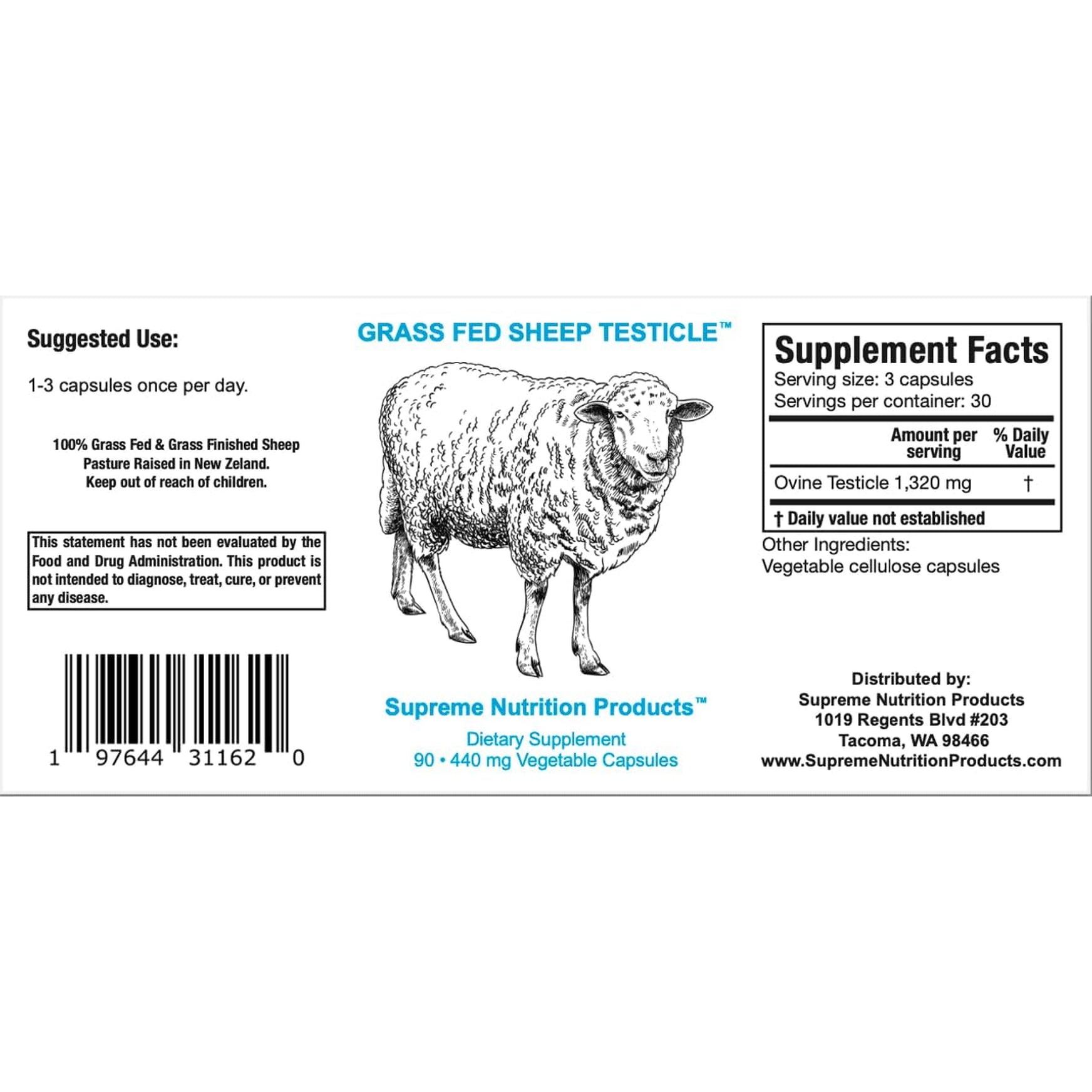 Supreme Nutrition Sheep Testicle - 100% Grass Fed and Finished in New Zealand, 90 Capsules of Pure Ovine Testicle