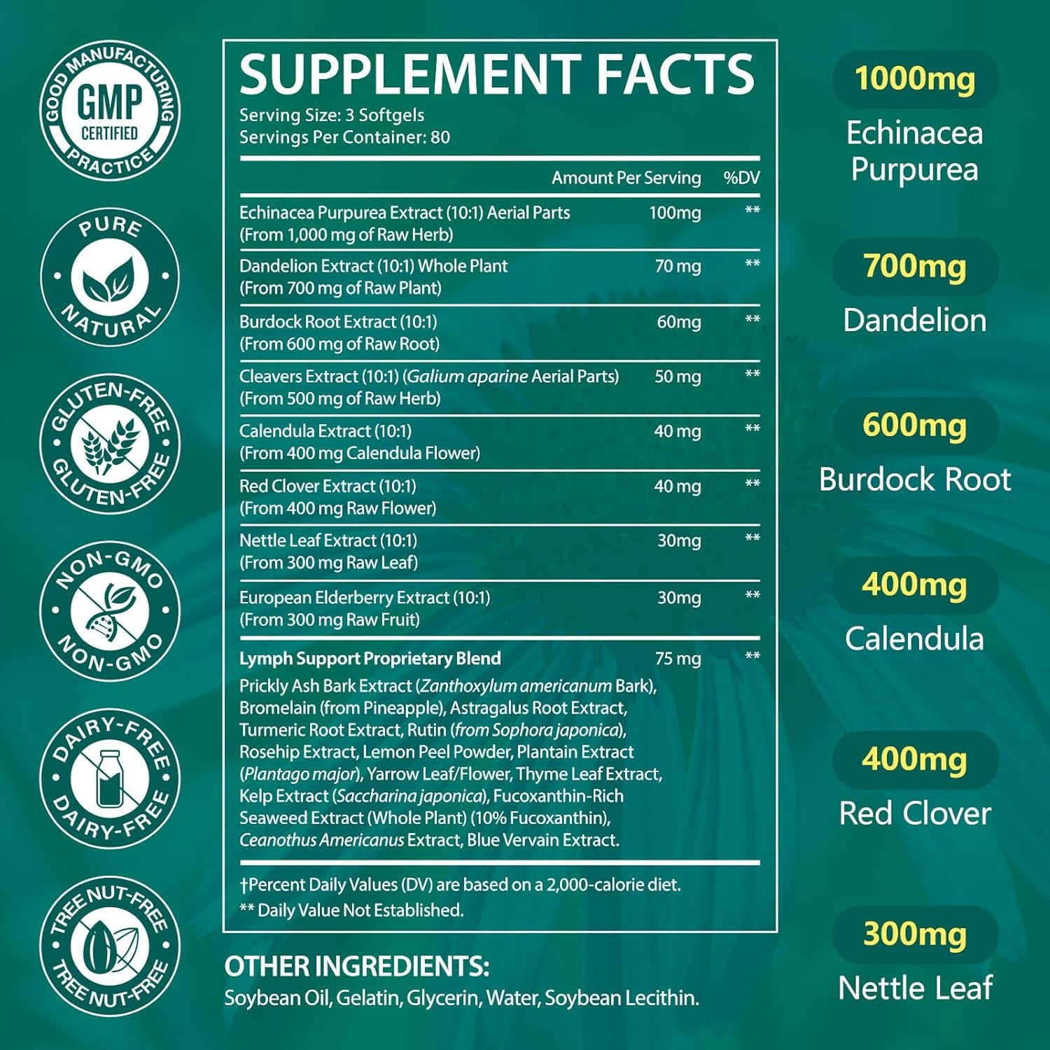 Lymphatic Drainage Supplements, 240 Softfels, 21-In-1 Natural Herbal Blends with Echinacea, Dandelion, Burdock Root for Lymph System, Immune Support, Cleanse, Less Swelling/Bloating
