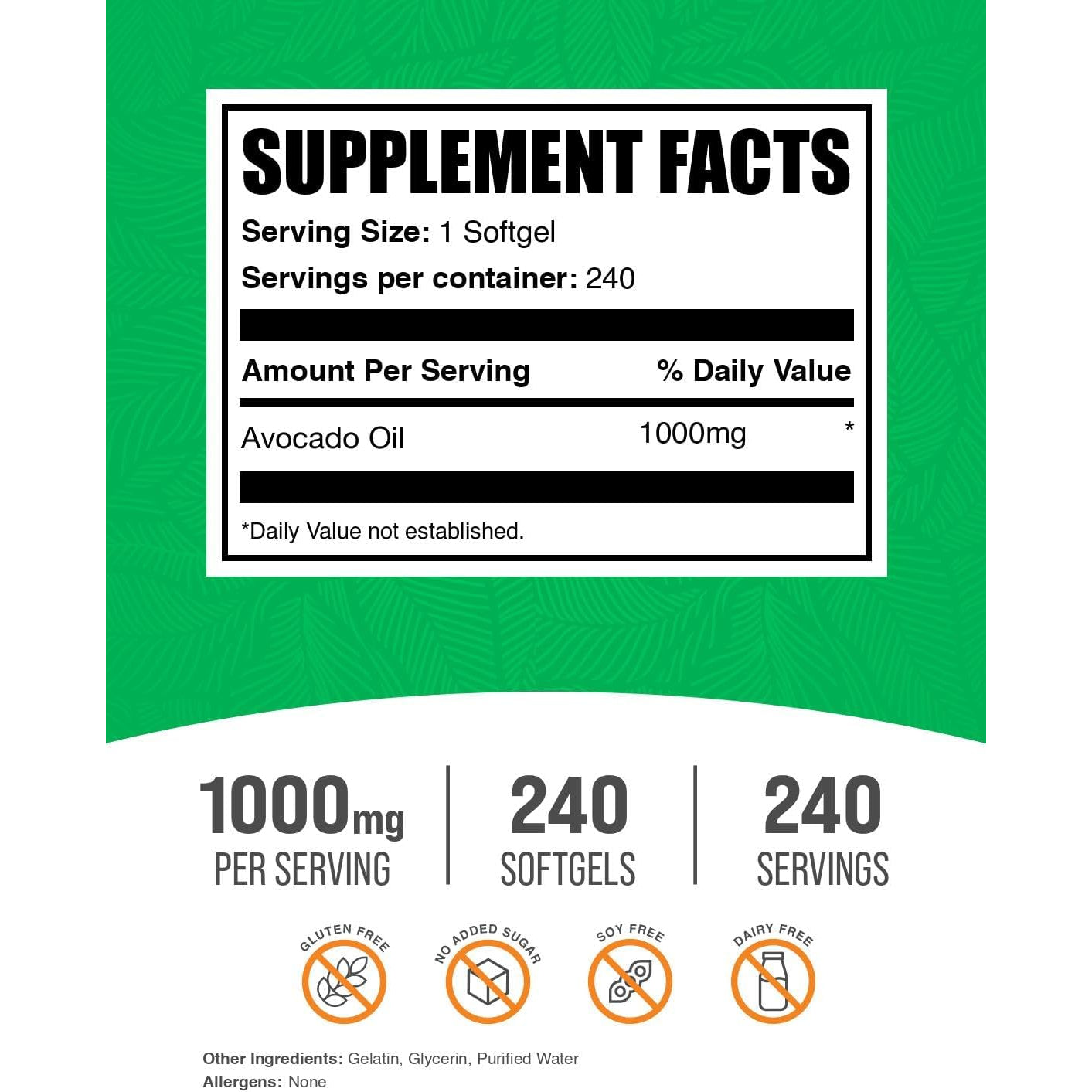 Bulksupplements.Com Avocado Oil 1000Mg Softgels - Avocado Oil Supplement, Avocado Oil Capsules, Avocado Oil Pills - Gluten Free & Soy Free, 1 Avocado Oil Softgel per Serving, 240 Softgels