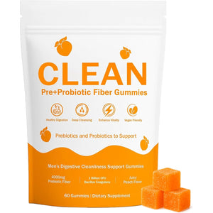 Clean Prebiotic Fiber Gummies for Men - Peach Flavor, Pre+Probiotic Fiber Gummies, Gut Balance, Digestive Support & Daily Clean Confidence, Cleaning Support Gummy 60Gummies
