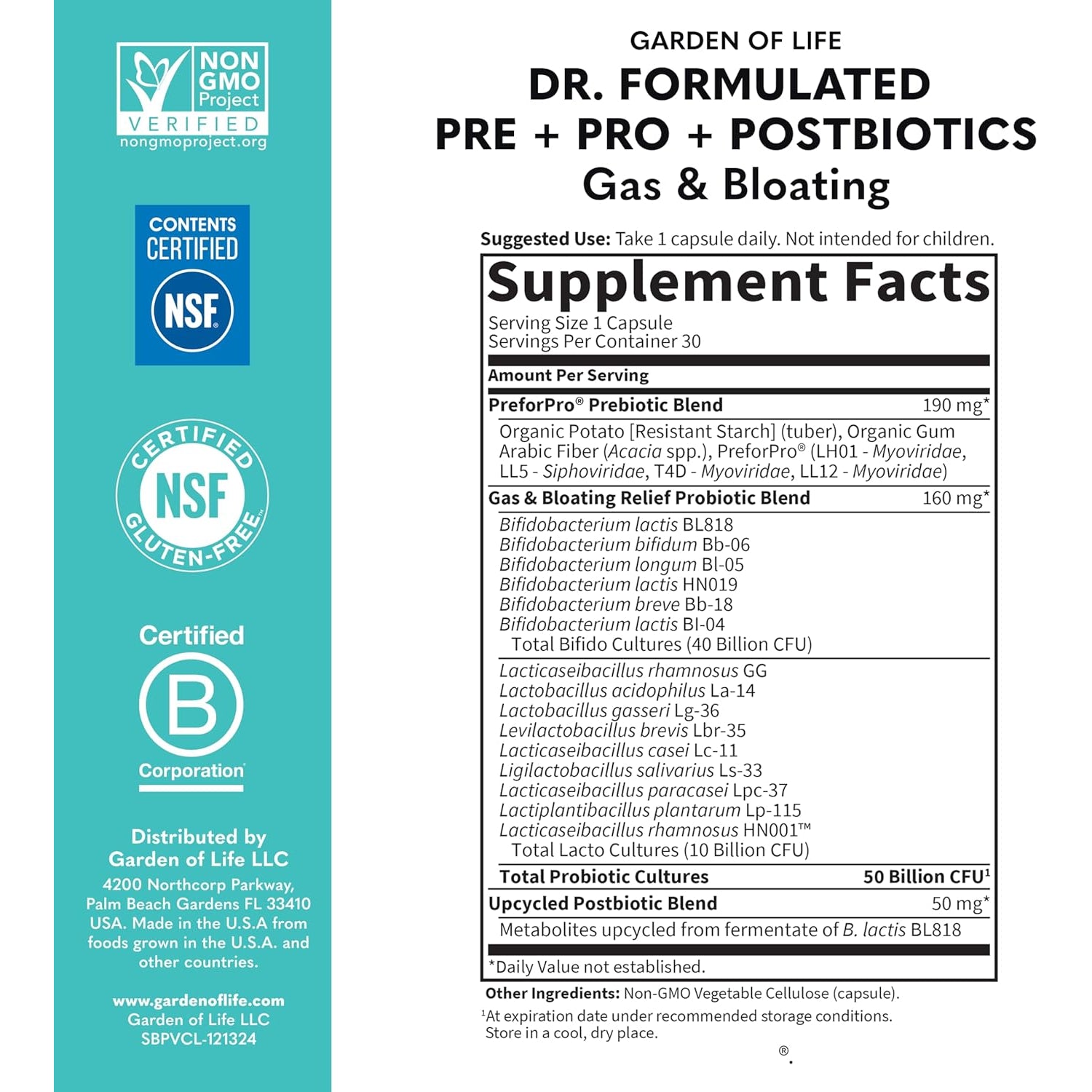 Garden of Life Dr. Formulated Pre, Post & Probiotics Gas & Bloating Once Daily 3-In-1 Complete Prebiotics, Postbiotics & Probiotics – 50 Billion CFU, Non-Gmo, Gluten-Free, 30 Day Supply
