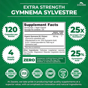 Zazzee USDA Organic Gymnema Sylvestre 25:1 Extract, 25% Gymnemic Acid, 120 Vegan Capsules, 4 Month Supply, All-Natural Botanical Support, Concentrated 25X Extract, Non-Gmo, Made in the USA