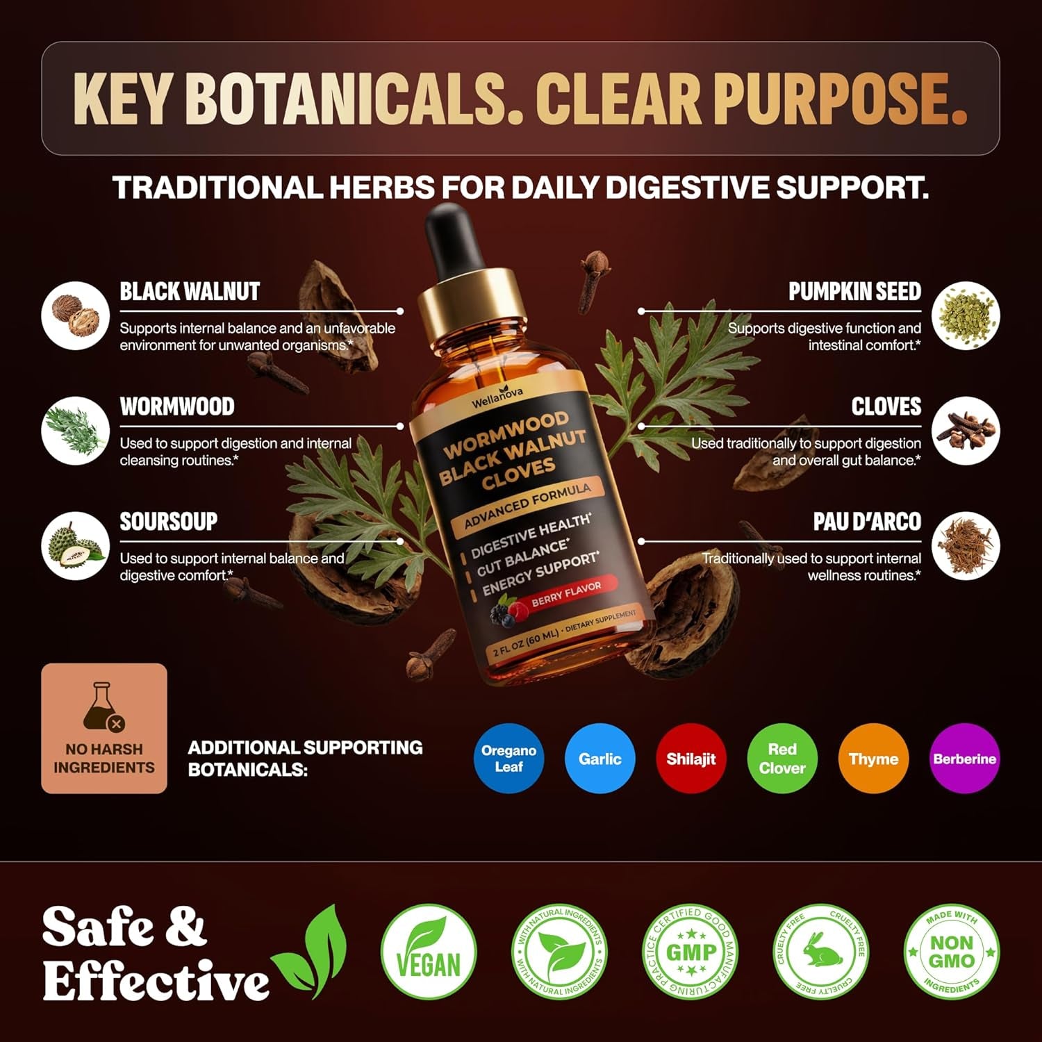 Wormwood Black Walnut Clove Cleanse for Humans - Advanced Detox for Adults - Gut Health Supplement with Wormwood Herb, Black Walnut Hull, Clove, Garlic, Pumpkin Seed, PAU D'Arco, Soursop