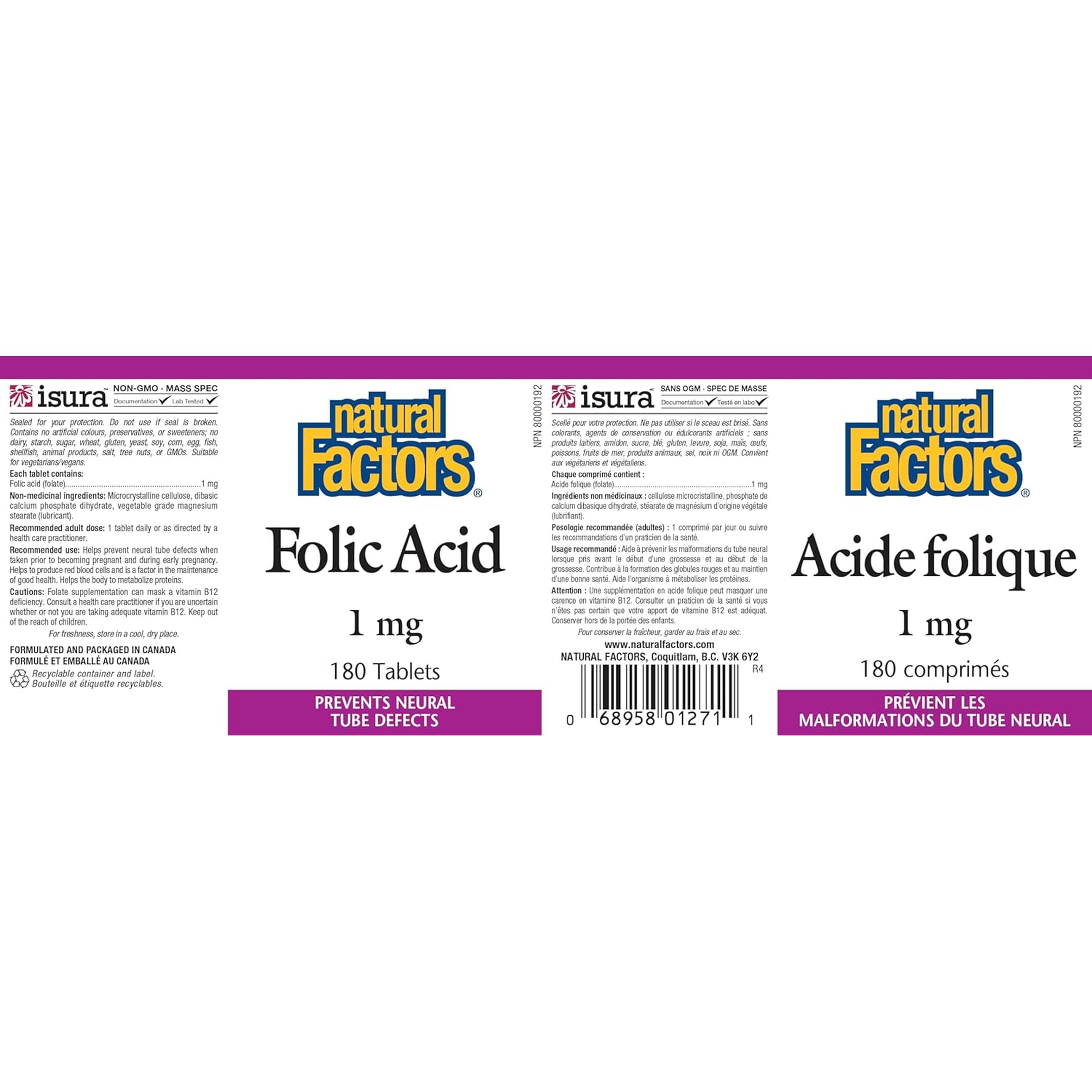 Folic Acid 1Mg (180Tablets) Brand: Natural Factors