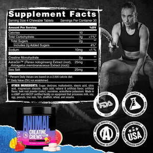 Animal Creatine Chews Tablets - Enhanced Creatine Monohydrate with Astragin to Improve Absorption, Sea Salt for Added Pumps, Delicious and Convenient Chewable Tablets - Fruit Punch