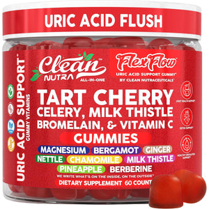 Clean Nutra Tart Cherry Gummies Uric Acid Flush Celery Milk Thistle Bromelain Vitamin C Magnesium Citrus Bergamot Ginger Stinging Nettle Leaf Chamomile Berberine Quercetin Support 60 Gummy Vitamins