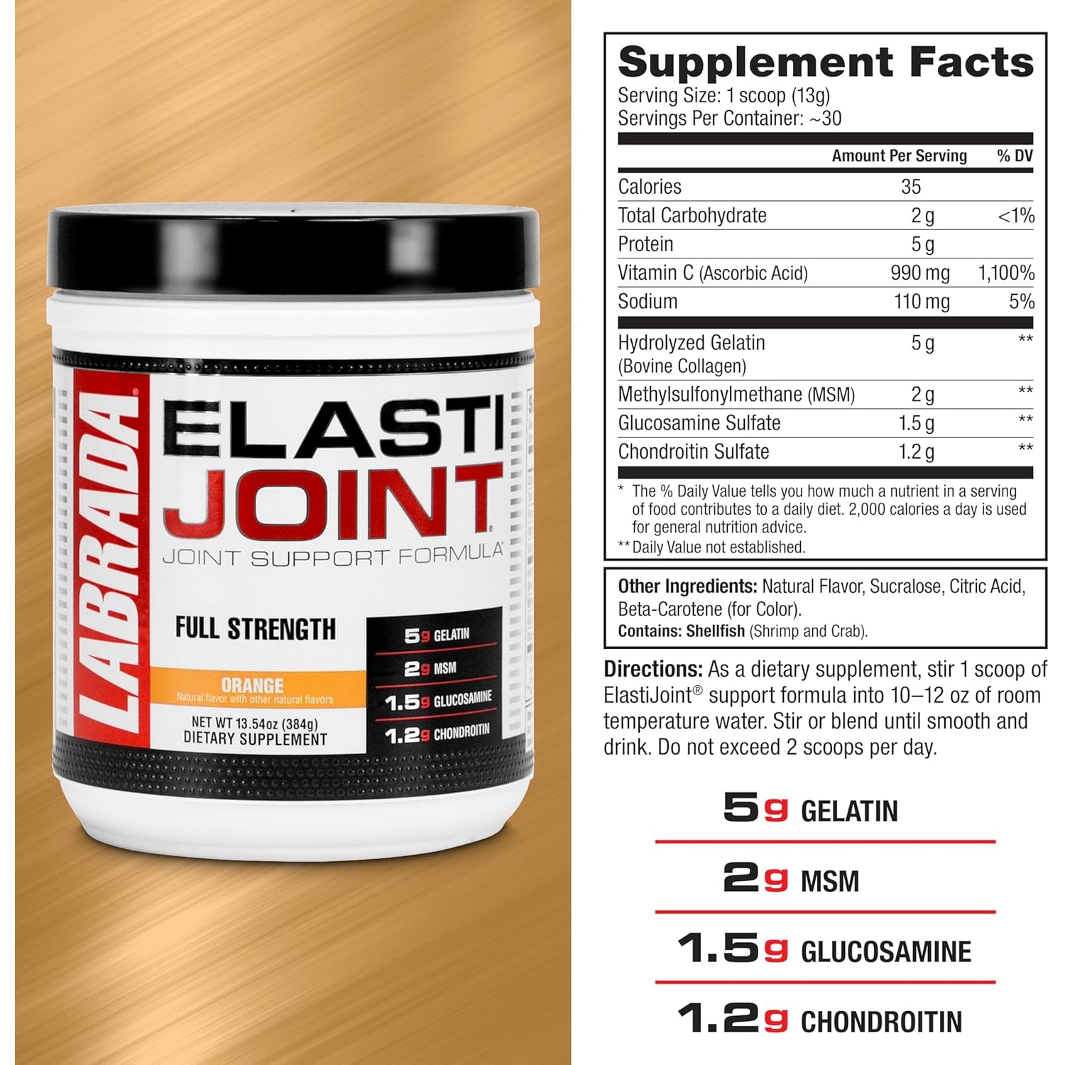 Labrada Nutrition Elastijoint, Orange Flavor,Glucosamine Joint Support Supplement Powder for Men & Women, Joint Relief & Bone Health Supplement with MSM, Glucosamine Chondroitin MSM Gluten-Free