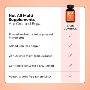 HUM Base Control Multivitamin for Women with Vitamin C, Iron, Biotin, Zinc, B Complex, Daily Women'S Multivitamin, 22 Essential Vitamins & Minerals, Support for Pre-Menopause, Gluten Free, 30 Capsules