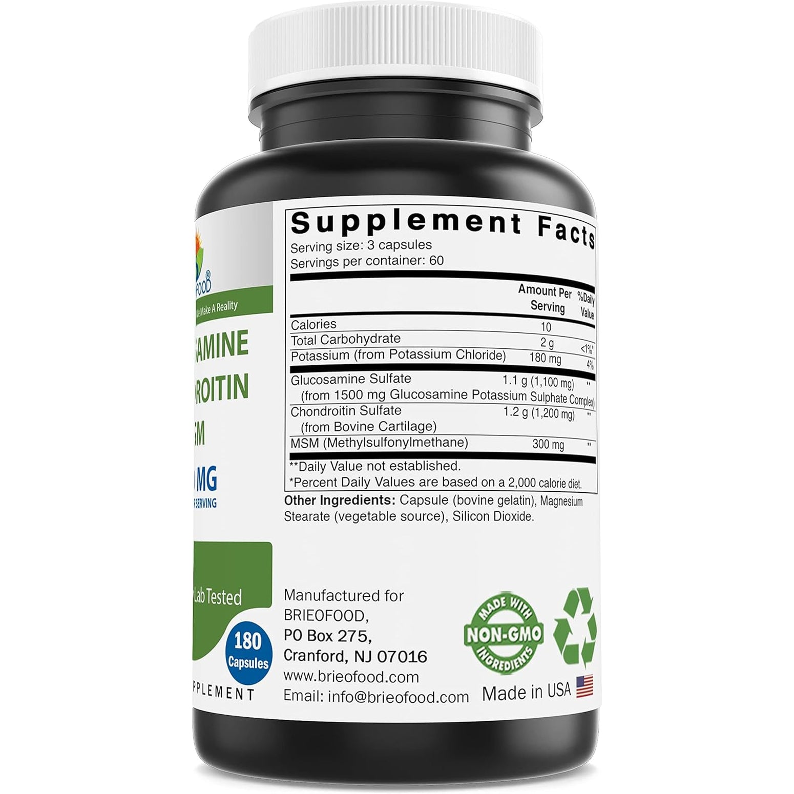 Brieofood Triple Strength Glucosamine Chondroitin MSM 2600Mg/Serving Capsules, Supports Healthy Joint, Cartilage and Connective Tissue - Promotes Joint Comfort & Flexibility 180 Count