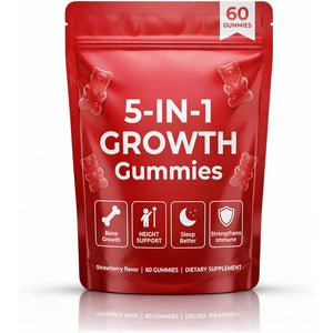 5-In-1 Growth Gummies, Supports Natural Height & Bone Development with Essential Amino Acids & D3, K2, Delicious Strawberry Flavor, 60-Count