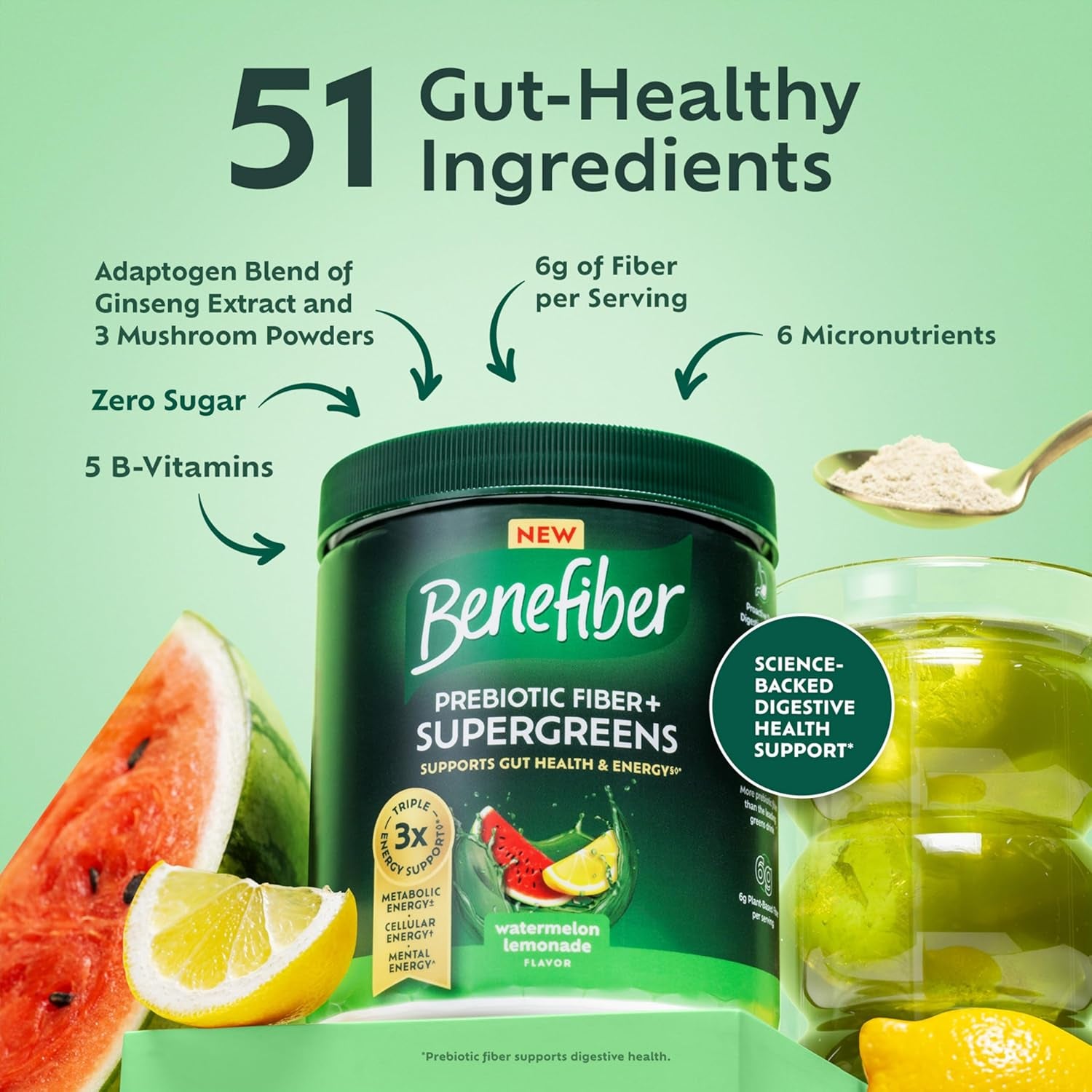 Benefiber Prebiotic GLP-1 Friendly Fiber + Supergreens Dietary Supplement Powder, Watermelon Lemonade Flavor, 8.8 Oz (250G)