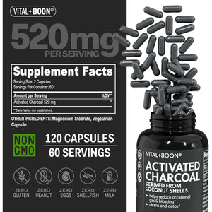 Vital+Boon Activated Charcoal Pills – Derived from Coconut Shells – Black Charcoal Binder for Stomach, Gas & Bloating Relief – Gluten Free Vegetarian Active Carbon to Support Detox (120 Capsules)