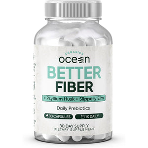 Organics Ocean Better Fiber - Daily Fiber Supplement - Soften Stool for Effortless Bowel Movements - with Psyllium Hulk and Slippery Elm - 90 Capsules