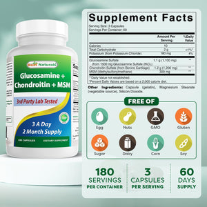 Best Naturals Glucosamine Chondroitin and MSM (Non-Gmo) - Promotes Joint Health - 180 Count