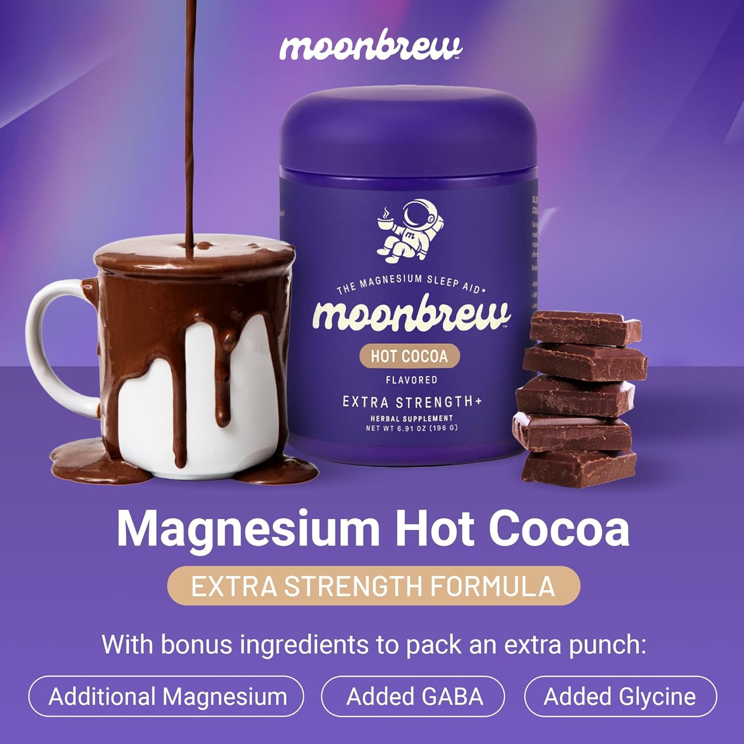 Moonbrew Nighttime Extra Strength Magnesium Hot Cocoa, Natural Sleep Aid Drink Mix for Adults - Calming Melatonin-Free Sleep Support - Hot Chocolate Powder with L-Theanine & Zinc Glycinate