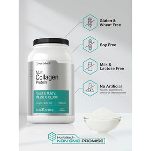 Horbaach Multi Collagen Protein Powder 32 Oz | Types I, II, III, IV, V, VII, VIII, X, XII, and XXII | Grassfed Collagen Peptides | Keto & Paleo Friendly | Unflavored & Gluten Free